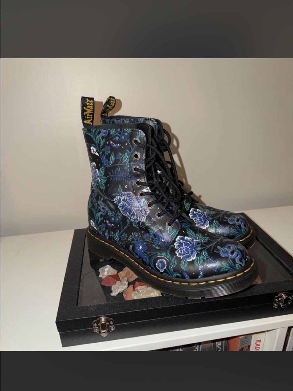 RARE Dr. Martens Black Floral Lace-Up Combat Boots with Blue Accents